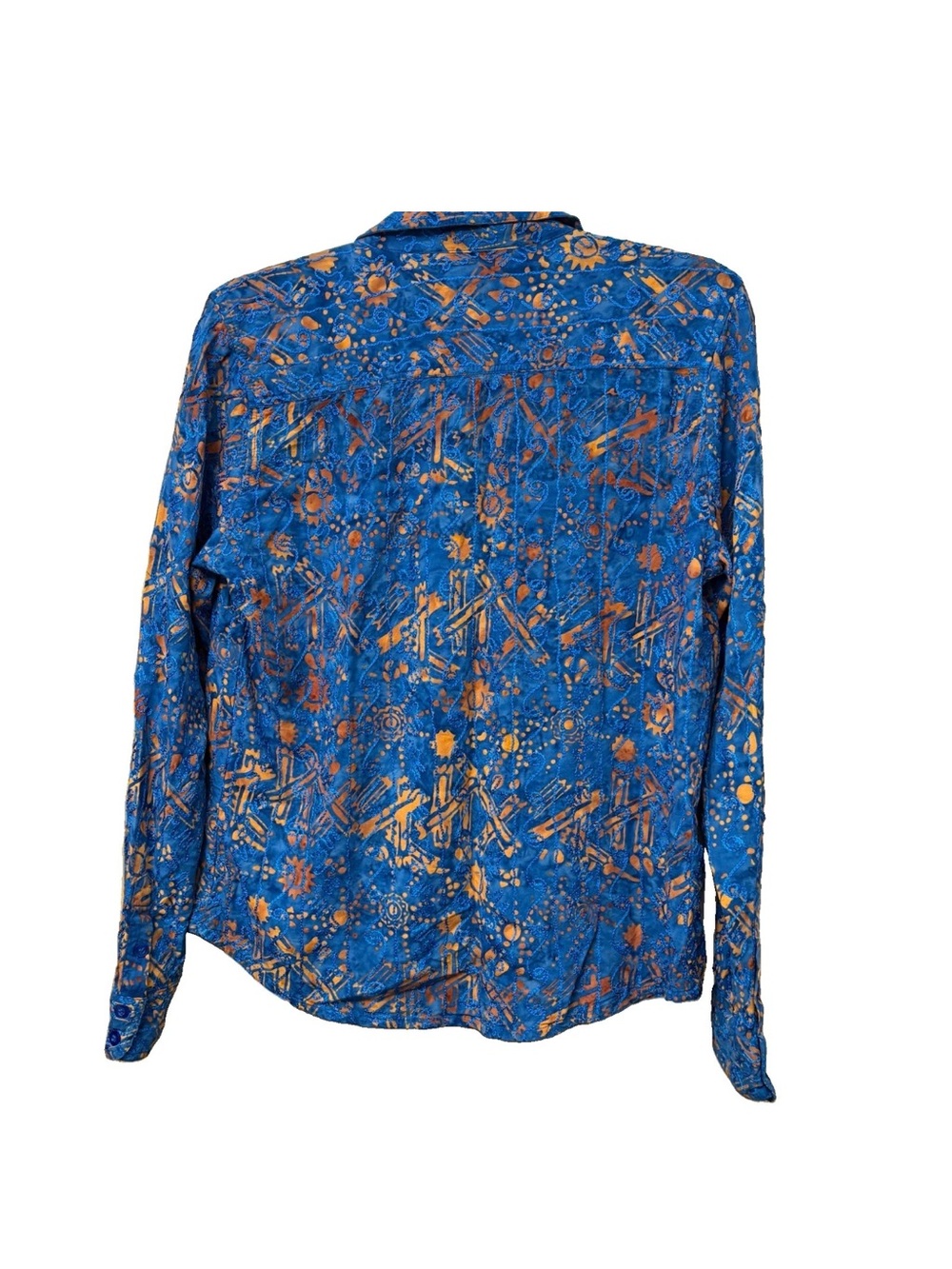 Vintage The Territory Ahead Rayon Button Up Med Blue Orange Sun Geometric Women